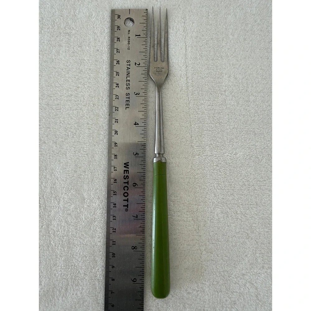 Vintage Unbranded MCM Granny‎ Meat Fork Long Green Handle Stainless Steel Japan